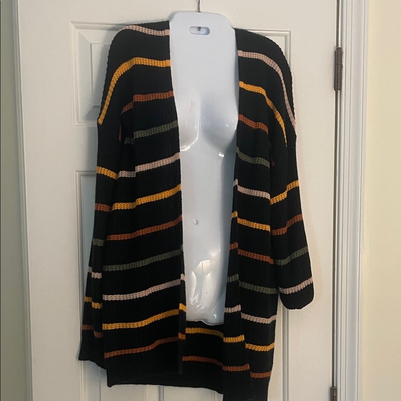 Striped Multicolor Women's Sweater fall colors open front cardigan size large - Picture 1 of 4